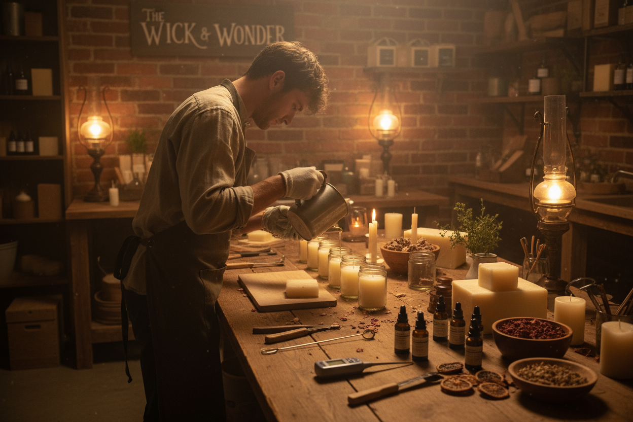 一个工匠在专心致志地制作香薰蜡烛，只看得到工匠的背影