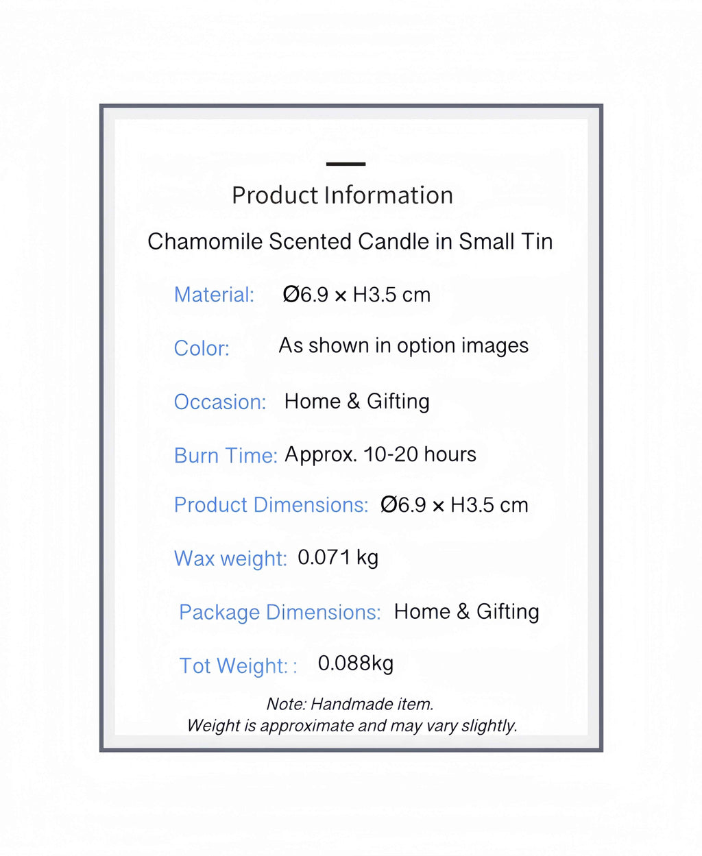 PREMIUM CHAMOMILE CANDLE in Tin - Smokeless Soy Wax Elegant Scented Gift