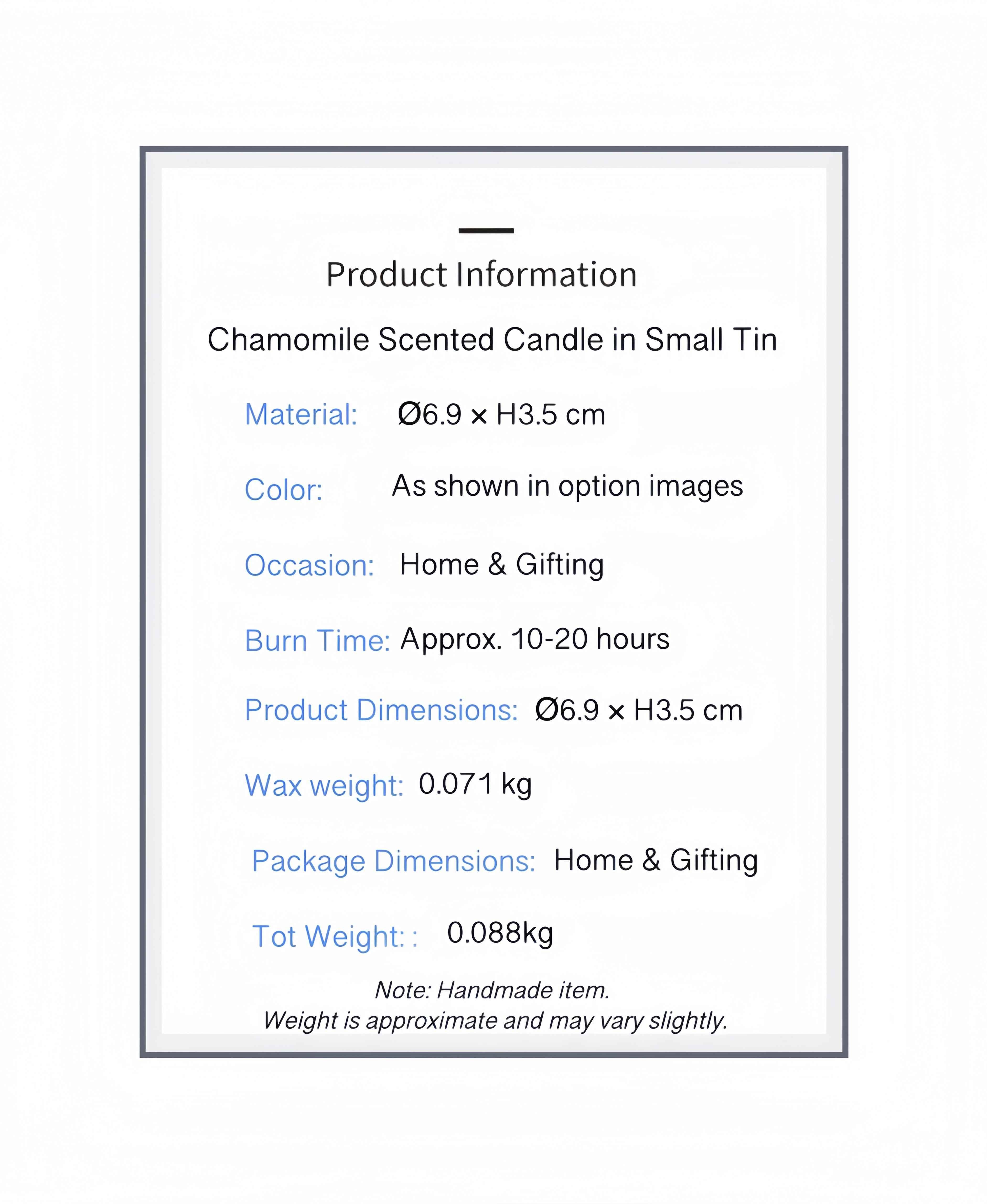 PREMIUM CHAMOMILE CANDLE in Tin - Smokeless Soy Wax Elegant Scented Gift