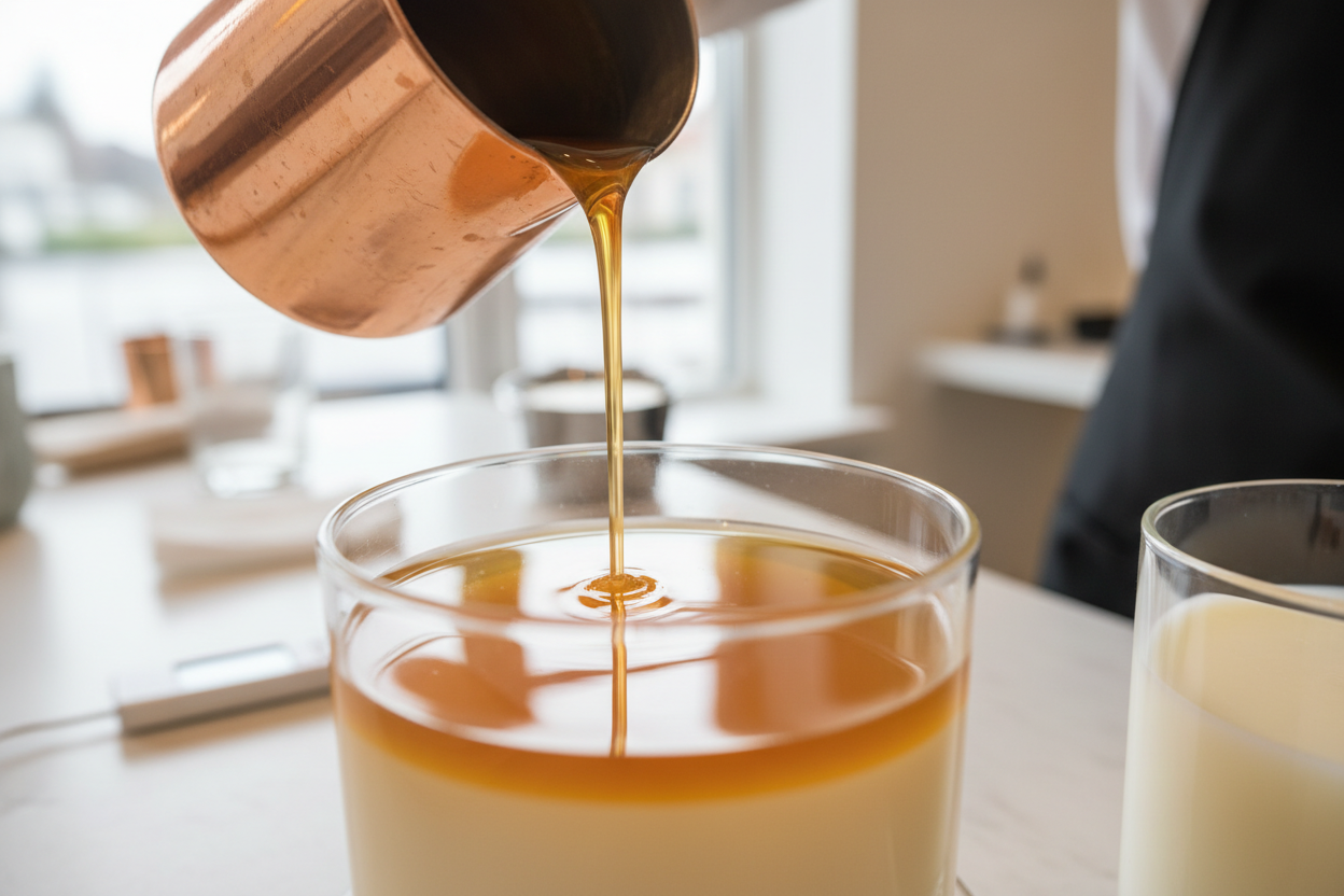 At 55°C, the wax is poured into molds.  The surface instantly becomes as smooth as a mirror, representing the "face" of a hand-poured cup candle.