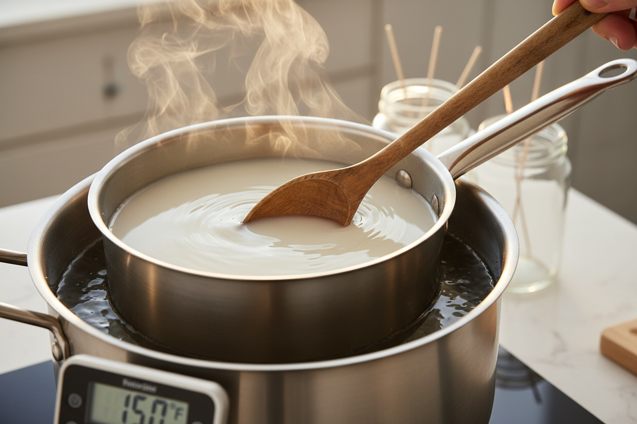 Melting Wax & Temperature Control
The double boiler heats up gradually, while a wooden-handled spoon stirs clockwise, turning the wax from turbid to clear.