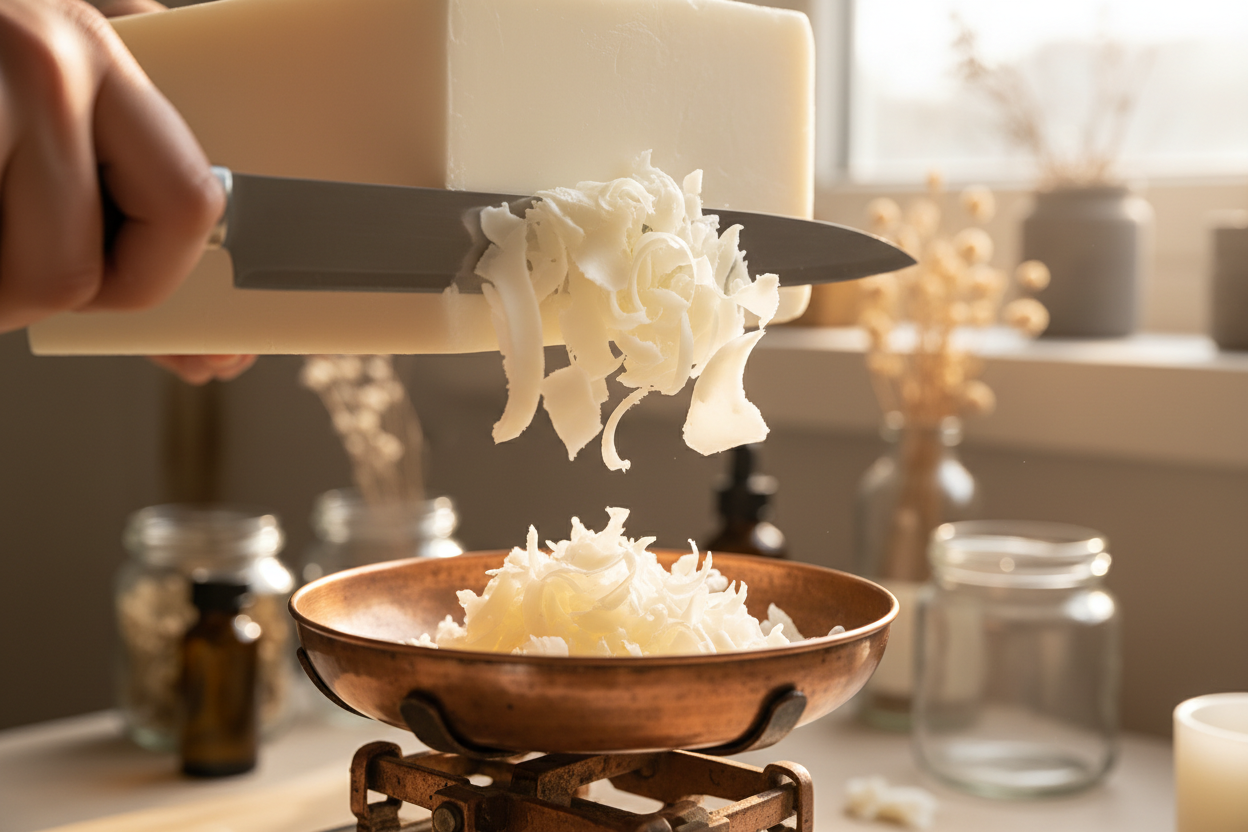 Weighing Wax
The blade glides through the block of soy wax, and thin flakes fall like snow into the copper scale. 
